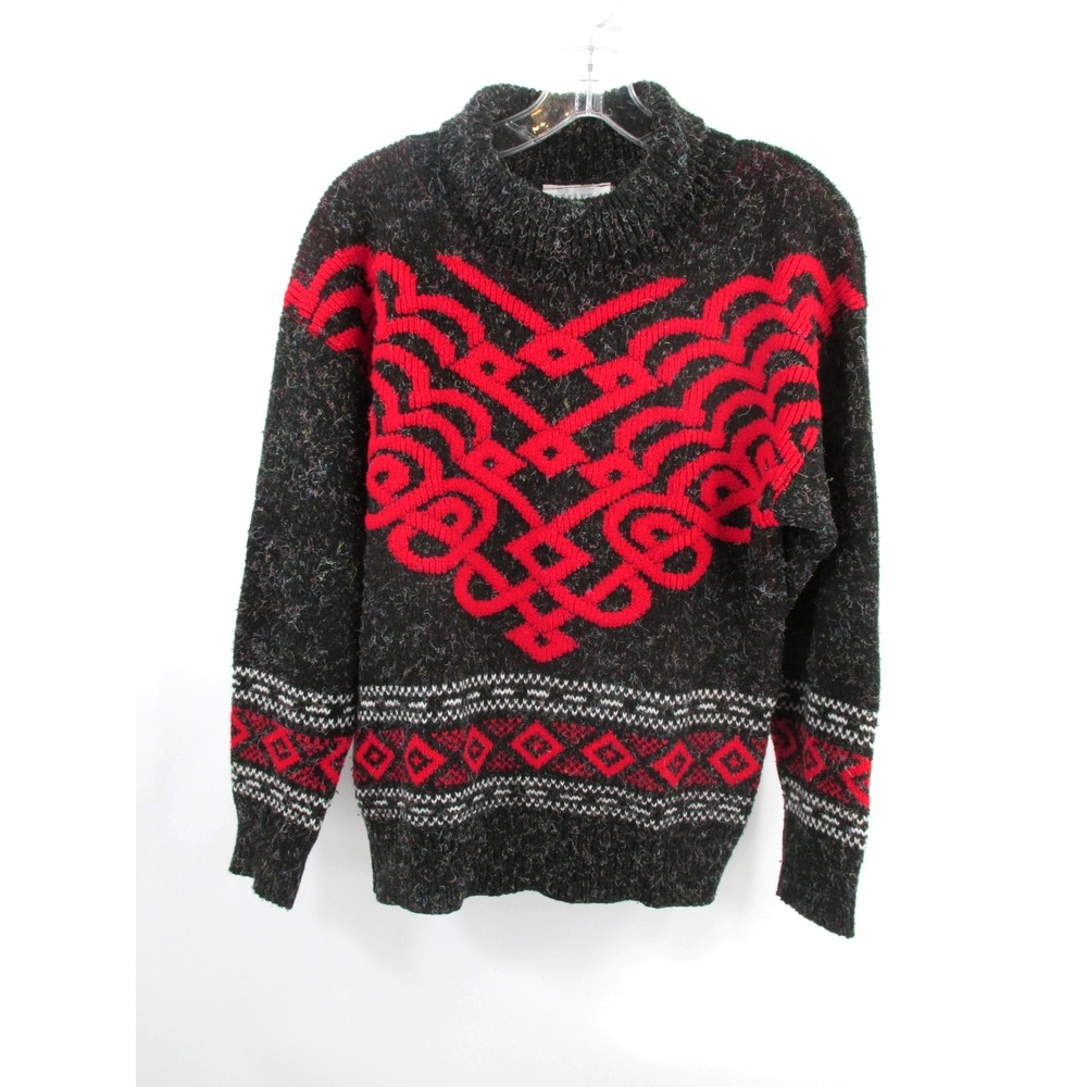 TJW MERVYNS Pullover Sweater Women L Gray Red Fair Isles Celtic Tribal VTG Y2K